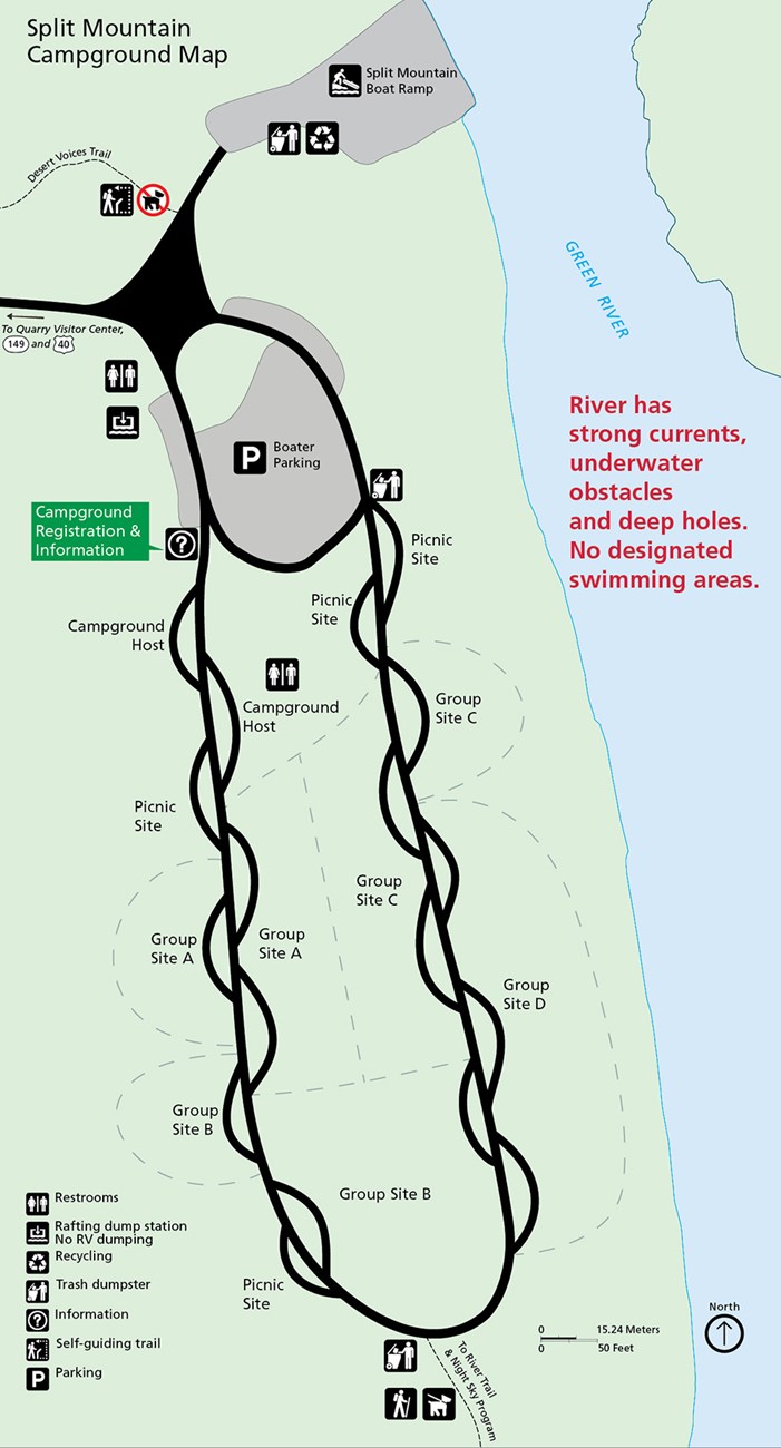 Map depicting the Split Mountain Campground layout including campsites and facilities