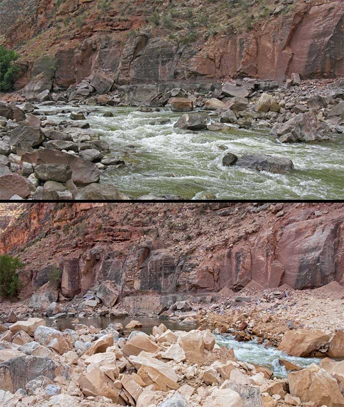 Warm Springs Rapid, before and after 2012 rockfall
