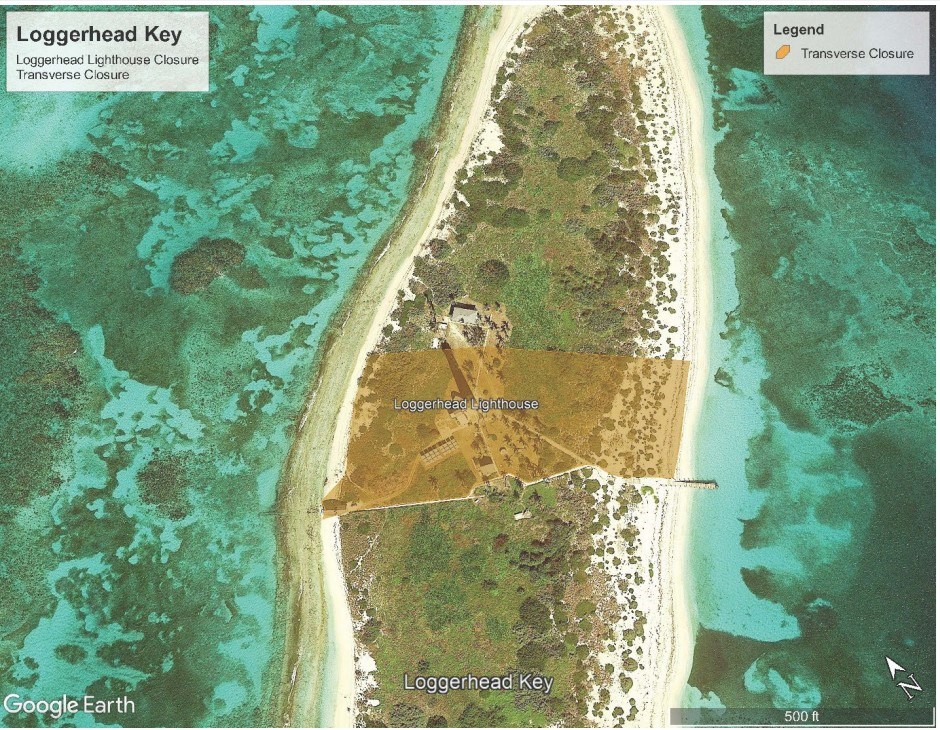 Aerial map of Loggerhead Key indicating areas that are closed