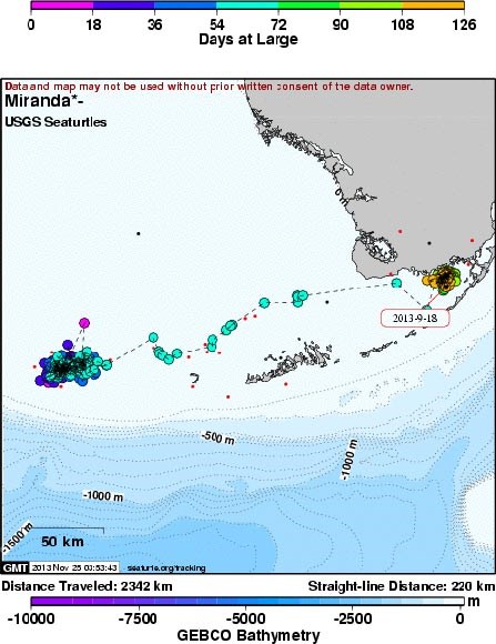 Satellite tracking map showing Miranda's travels and location in south Florida as of September 18, 2013