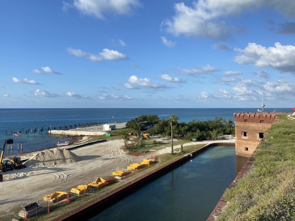 Campground reopening after construction View of construction area adjacent to campground and moat from atop the brick fort with view of ocean beyond