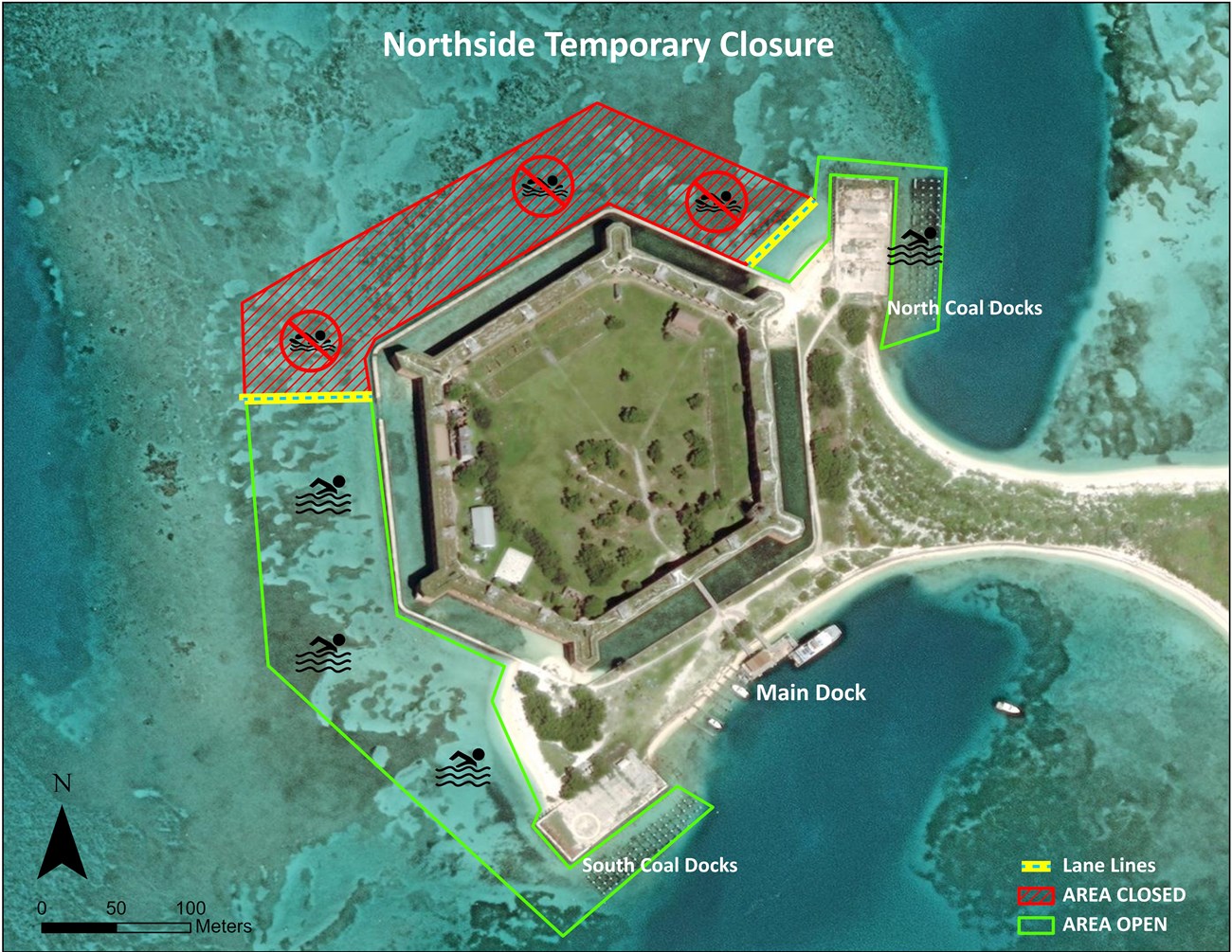 Northside of the moat wall will be closed during coral relocation work A map of Garden Key with the closed northside area of the moat wall marked.