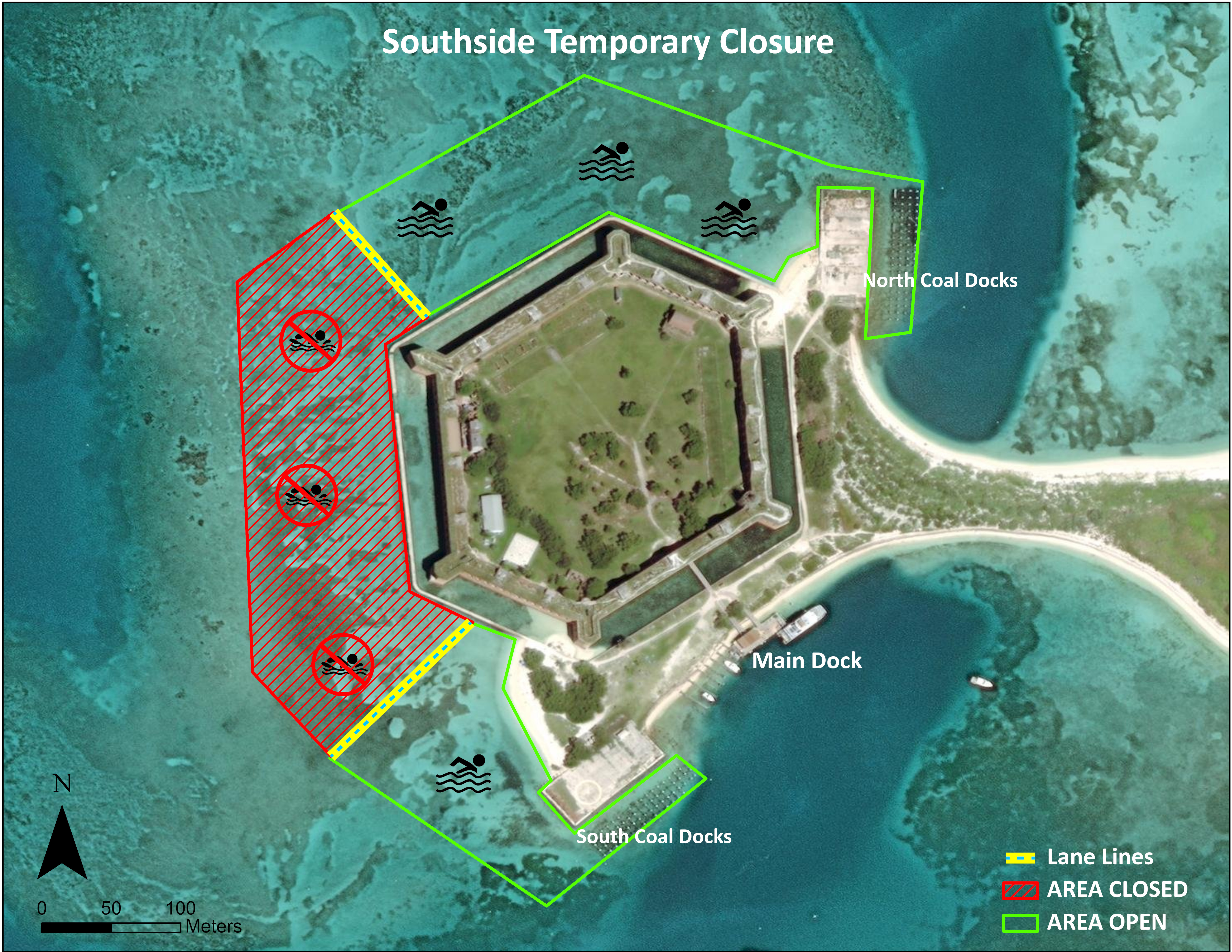 Map of Garden Key showing the closed southside area of the moat wall, with open swim areas and beaches on either side.