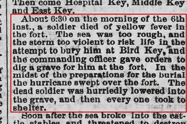A newspaper clipping that describes the orders to bury a soldier inside the fort instead of outside at Bird Key due to an impending storm.