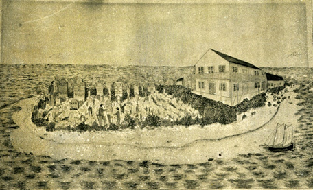 Depiction of hospital and graveyard on an island A two-story building sits on a small island with a small graveyard in front.