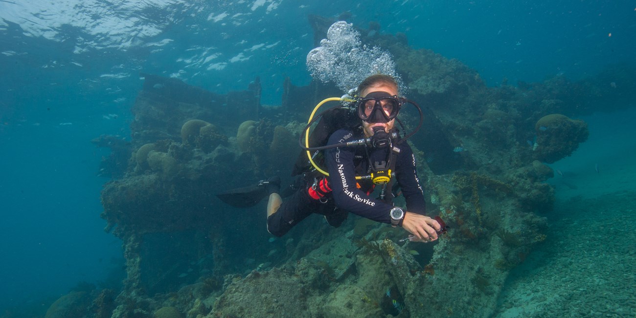 A diver swims near the Windjammer wreck