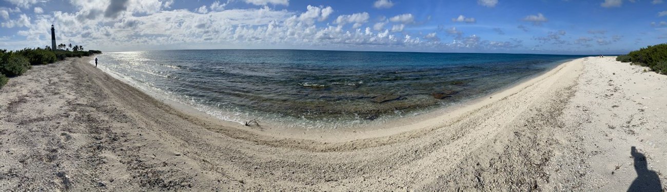 A panoramic view of a sandy beach, blue ocean, vegetation, and a lighthouse