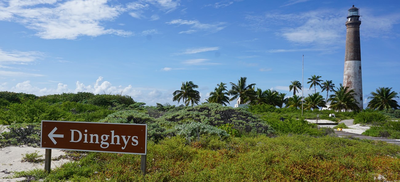 A Dinghy Beach sign standing on a beach with vegetation and a lighthouse behind it
