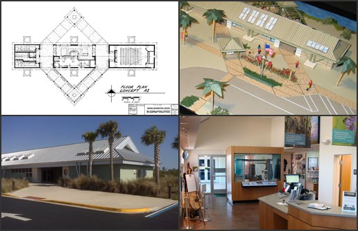 NPS Images of Big Cypress Swamp Welcome Center: Floor Plan Concept (upper left), 3D Model (upper right), Exterior (lower left), Interior (lower right).