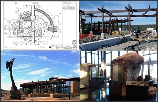 NPS Images of Mesa Verde Visitor and Research Center: Floor Plan (upper left), Construction (upper right), Exterior (lower left), Interior (lower right).