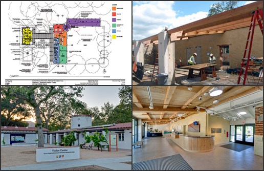 NPS Images of Anthony C. Beilenson Interagency Visitor Center: Floor Plan Concept (upper left), Construction (upper right), Exterior (lower left), Interior (lower right).