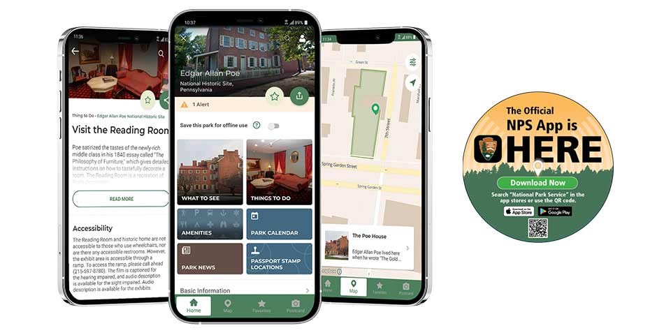 Three smartphones displaying screens from the National Park Service mobile app next to an image with a QR code.