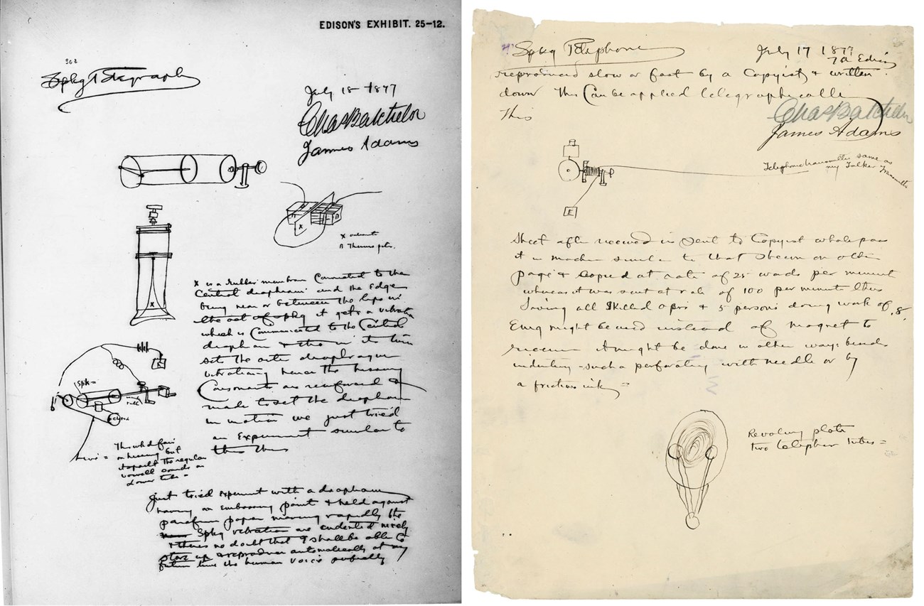 Phonograph drawings dated July 18 and 17, 1877. (2200 pxw)