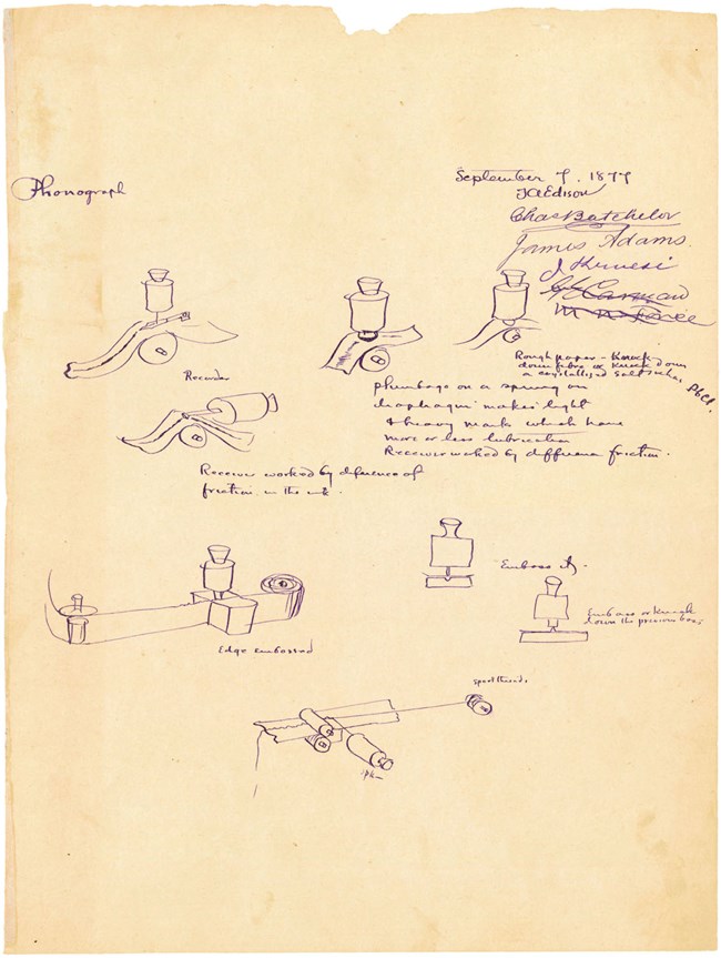 Phonograph drawings and notes, September 9, 1877. (1100pxw)