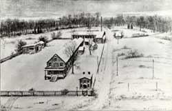 An aerial drawing of Thomas Edison's laboratory at Menlo Park, New Jersey.