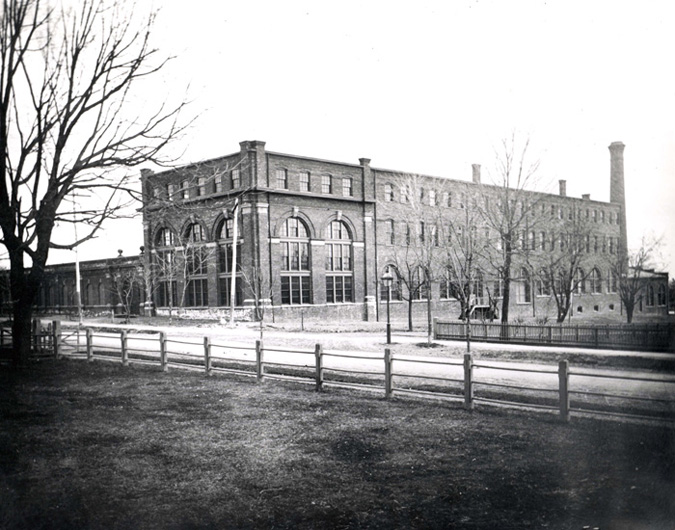 Historic black and white photo of Thomas Edison's large brick laboratory building. Historic black and white photo of Thomas Edison's large brick laboratory building.