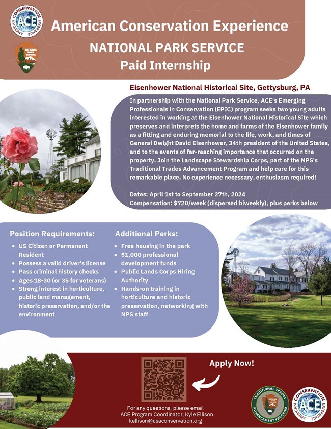 An image with color and text advertising TTAP internships at Eisenhower National Historic Site