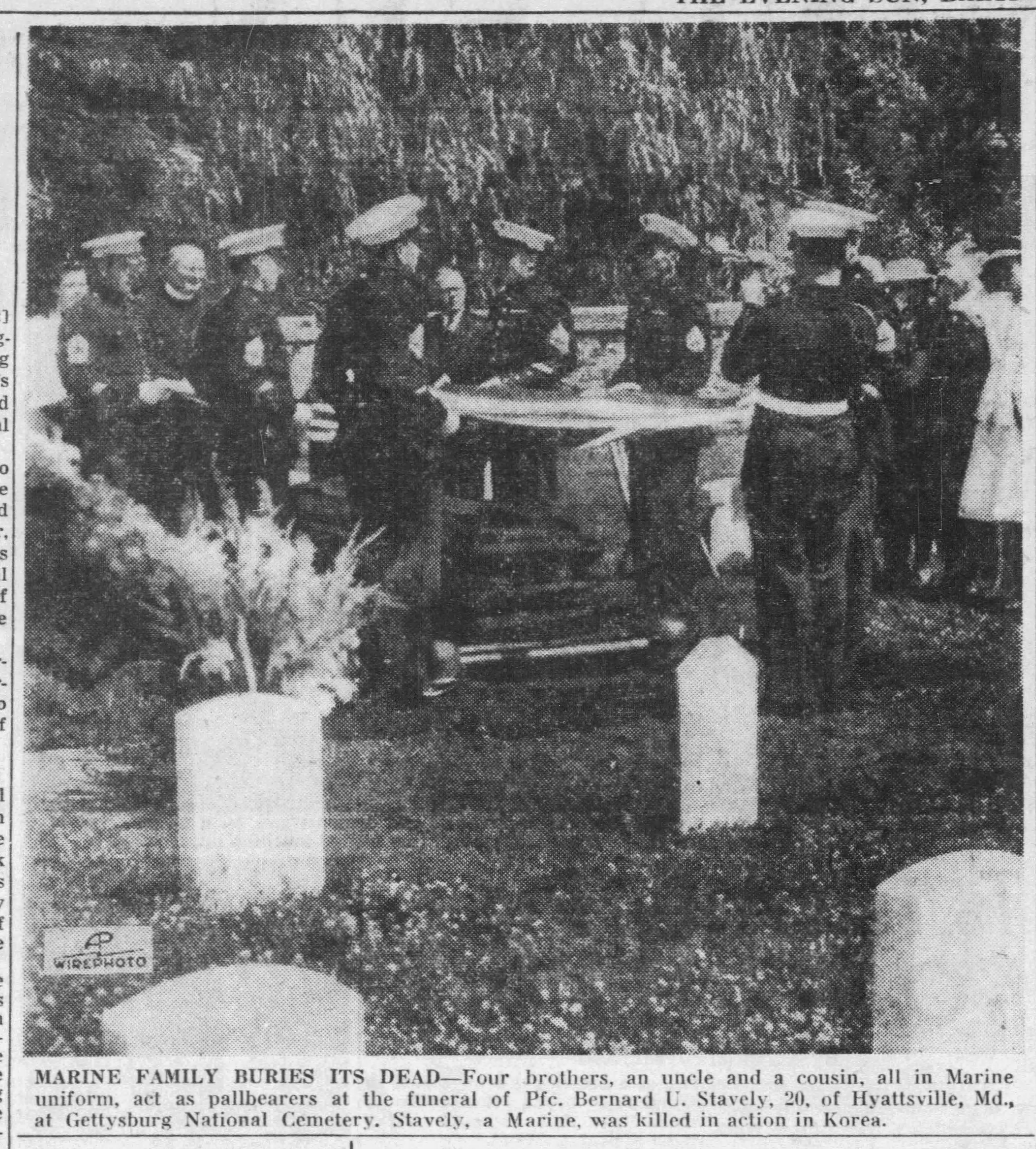 A black and white newspaper image from Bernard Stavely's funeral