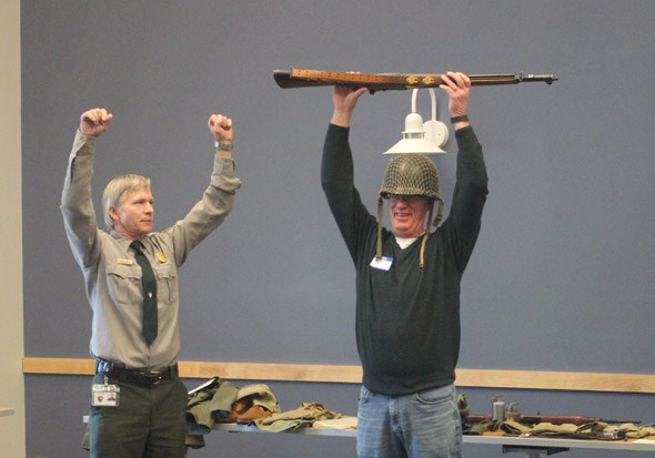 Teacher ordered to double-time with his M-1 during training for the D-Day invasion. Teacher ordered to double-time with his M-1 during training for the D-Day invasion.