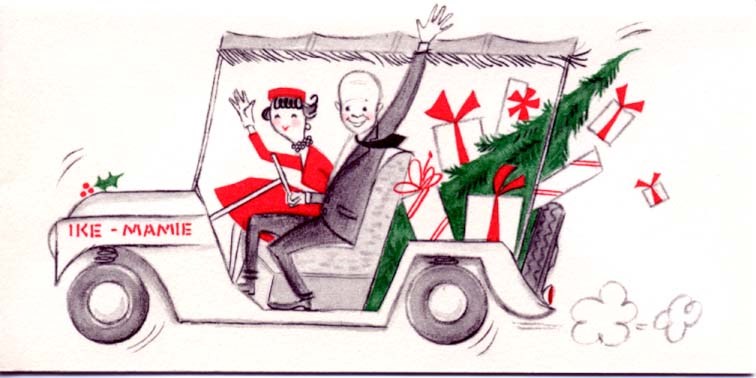A colorful cartoon of Ike and Mamie driving a golf cart with Christmas gifts