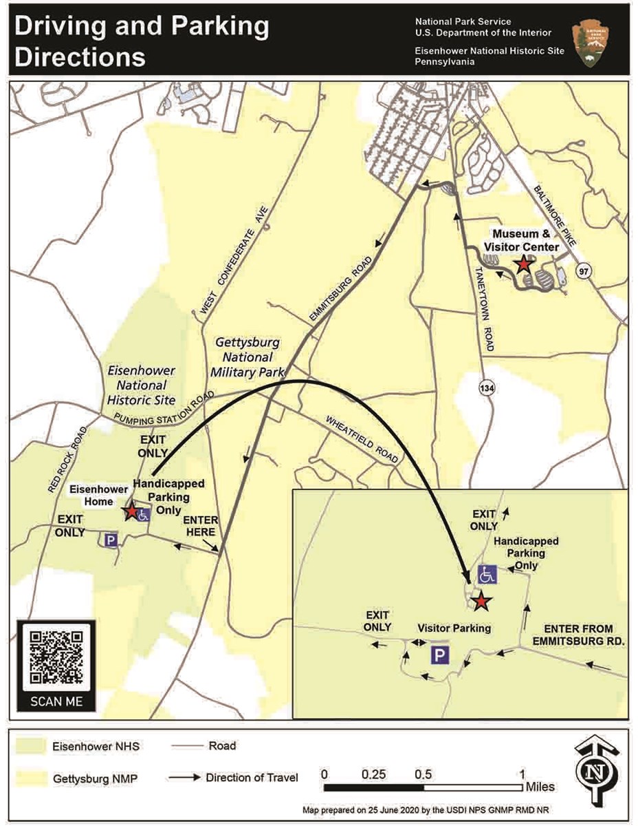 A map shows driving directions from the Museum and Visitor Center to the Eisenhower Historic Site.