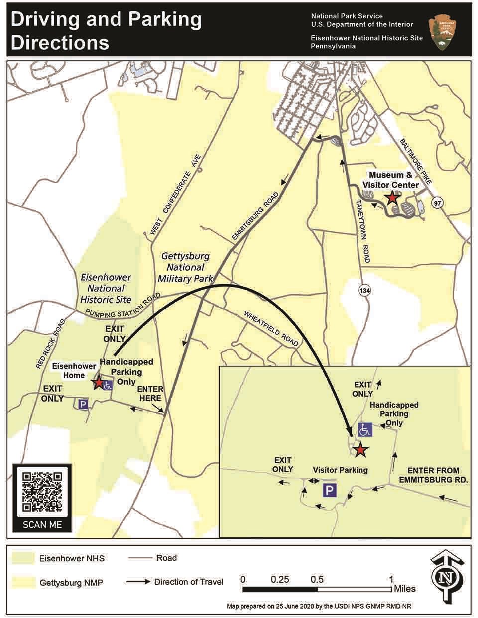 Driving directions from the Museum and Visitor Center to the Eisenhower Historic Site. A map shows driving directions from the Museum and Visitor Center to the Eisenhower Historic Site.