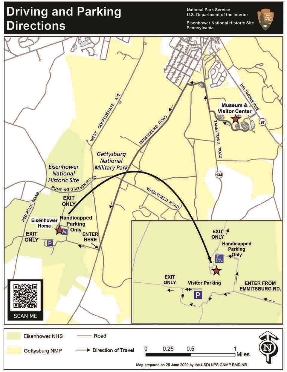 Driving directions from the Museum and Visitor Center to the Eisenhower Historic Site. A map shows driving directions from the Museum and Visitor Center to the Eisenhower Historic Site.
