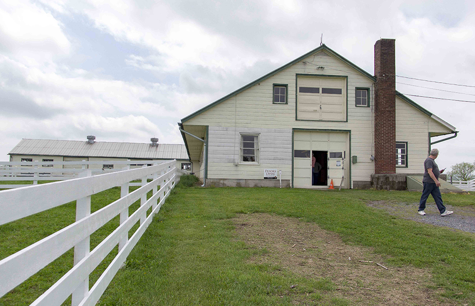 The Eisenhower NHS Show Barn. The Eisenhower show barn is yellow with green trim and a white fence stands on the left.