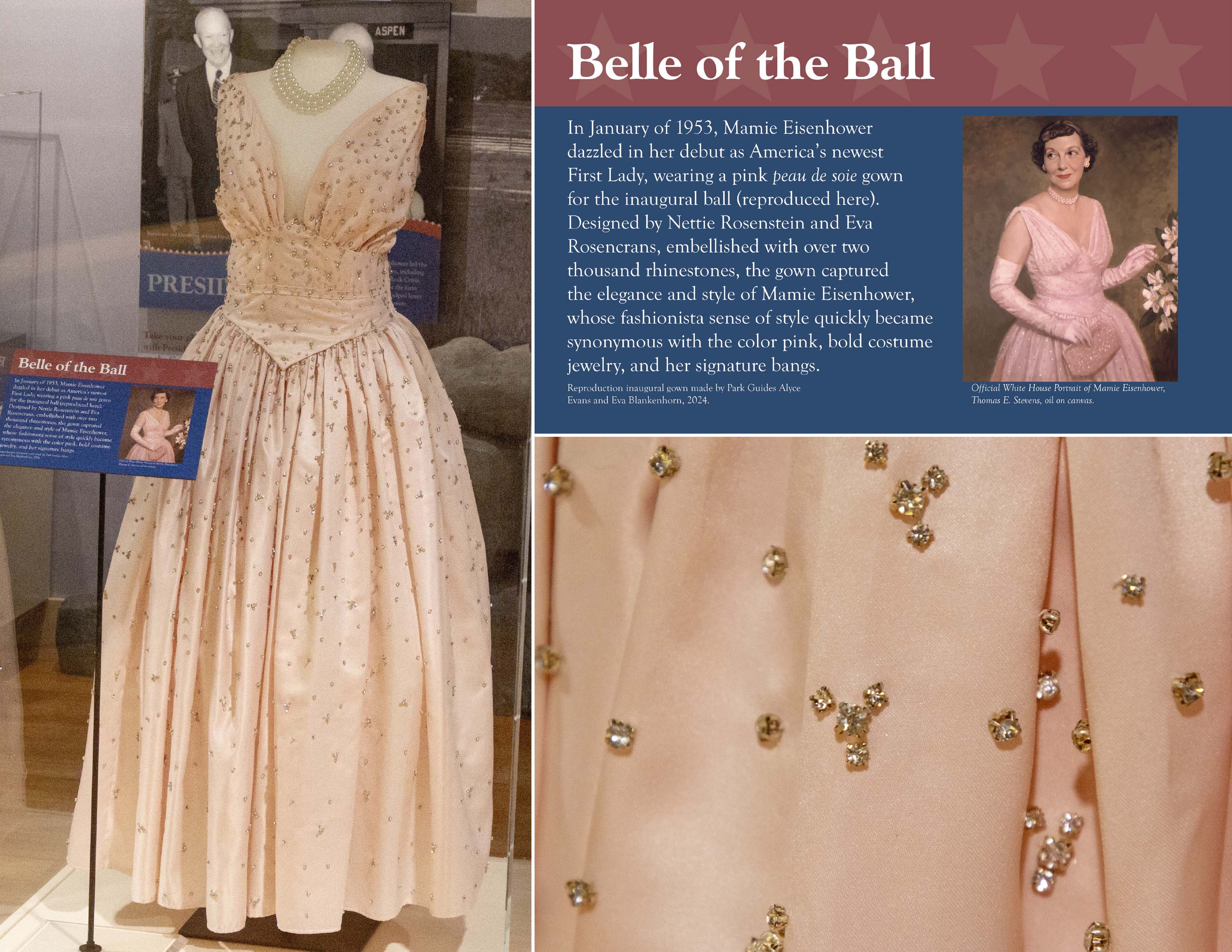 A reproduction pink inauguration gown with rhinestones is on display in a plexiglass case. There is a blue descriptive panel explaining the history of the gown along with a close up of the rhinestones. A reproduction pink inauguration gown with rhinestones is on display in a plexiglass case. There is a blue descriptive panel explaining the history of the gown along with a close up of the rhinestones.