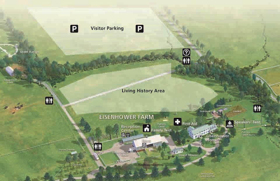 World War II weekend map. A map of the Eisenhower National Historic Site showing the areas where the living history camps and visitor parking is located.