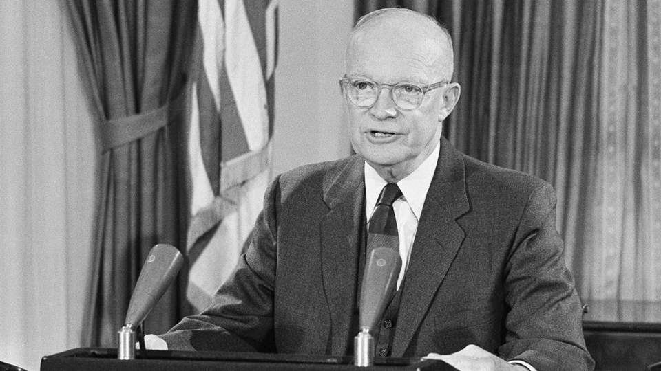 President Dwight D. Eisenhower gives a speech at the White House. President Dwight D. Eisenhower gives a speech at the White House.