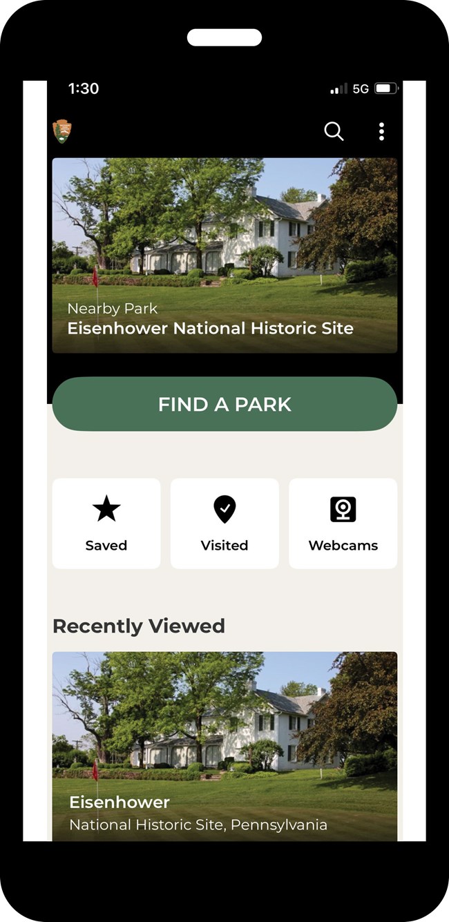 A smart phone with two pictures at the top and bottom, both are the same, of a two-story white home with green shutters. In the middle of the pictures is a green bar with white text that reads Find A Park.