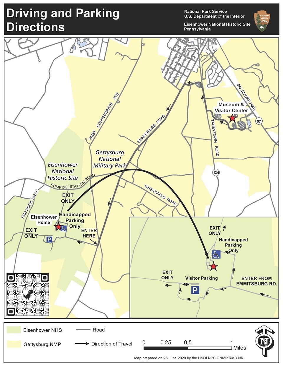A map titled Driving and Parking Directions shows a white and yellow map of driving directions to Eisenhower National Historic Site.