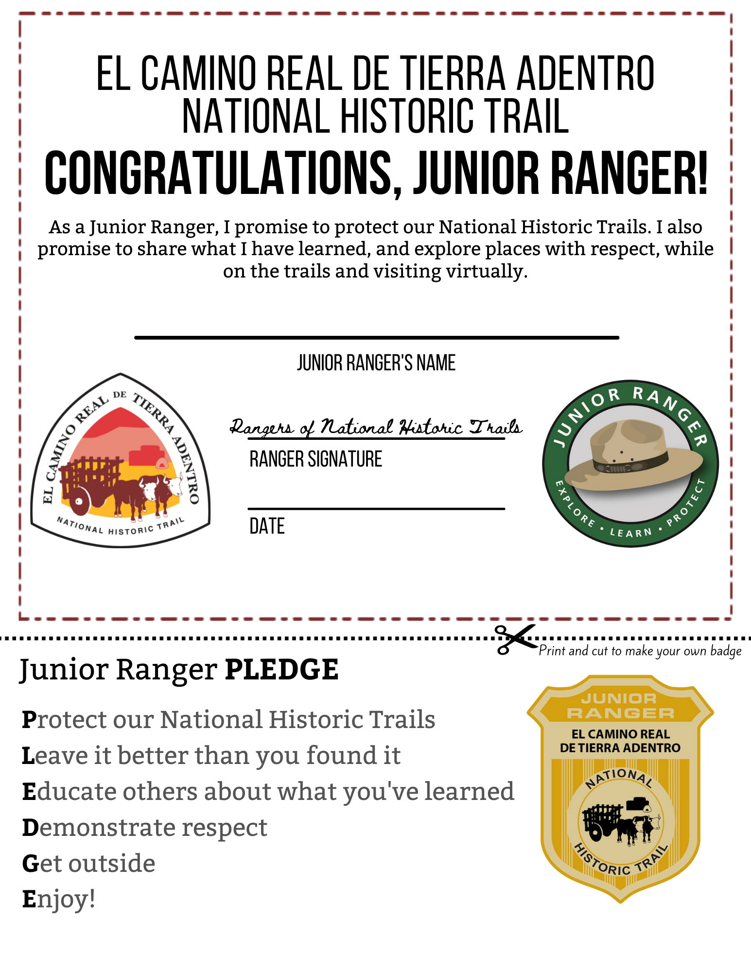 A certificate with a junior ranger badge image.