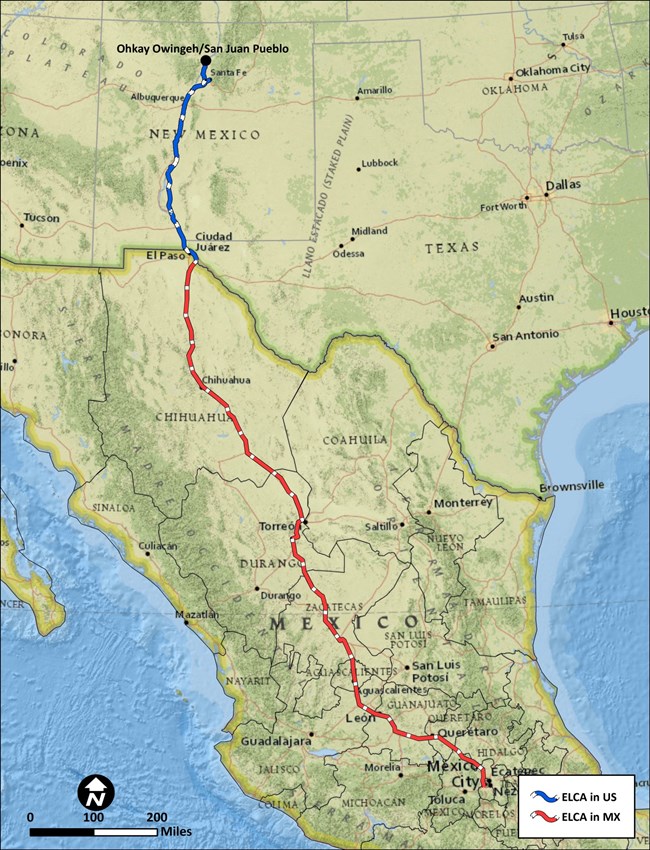 Map of El Camino Real de Tierra Adentro going through New Mexico into Mexico.