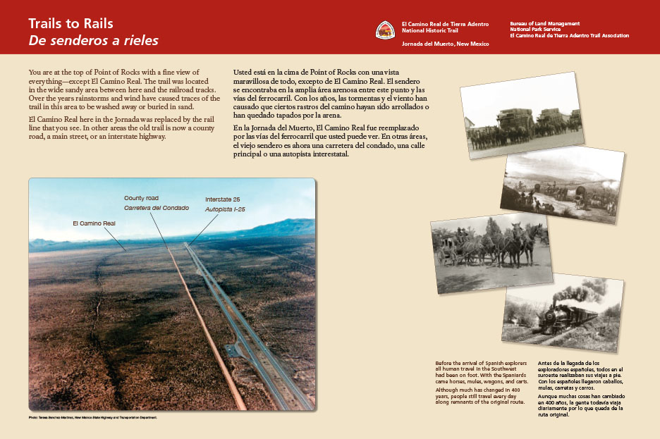 Exhibit with an aerial photo showing the trail, rail, and interstate