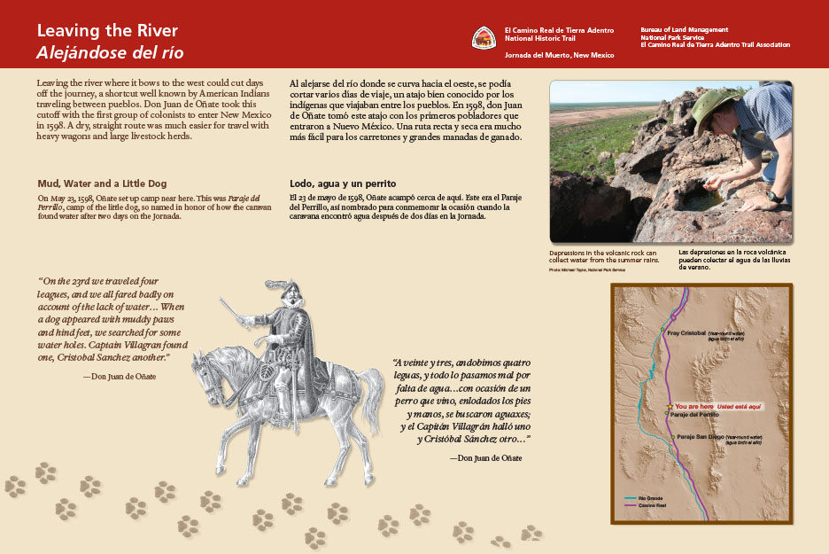 Exhibit shows a drawing of Onate, water pooled in a rock foundation, and an orientation map