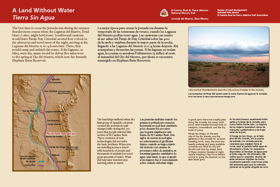 Exhibit with map showing camp sites and a photo of a desert storm