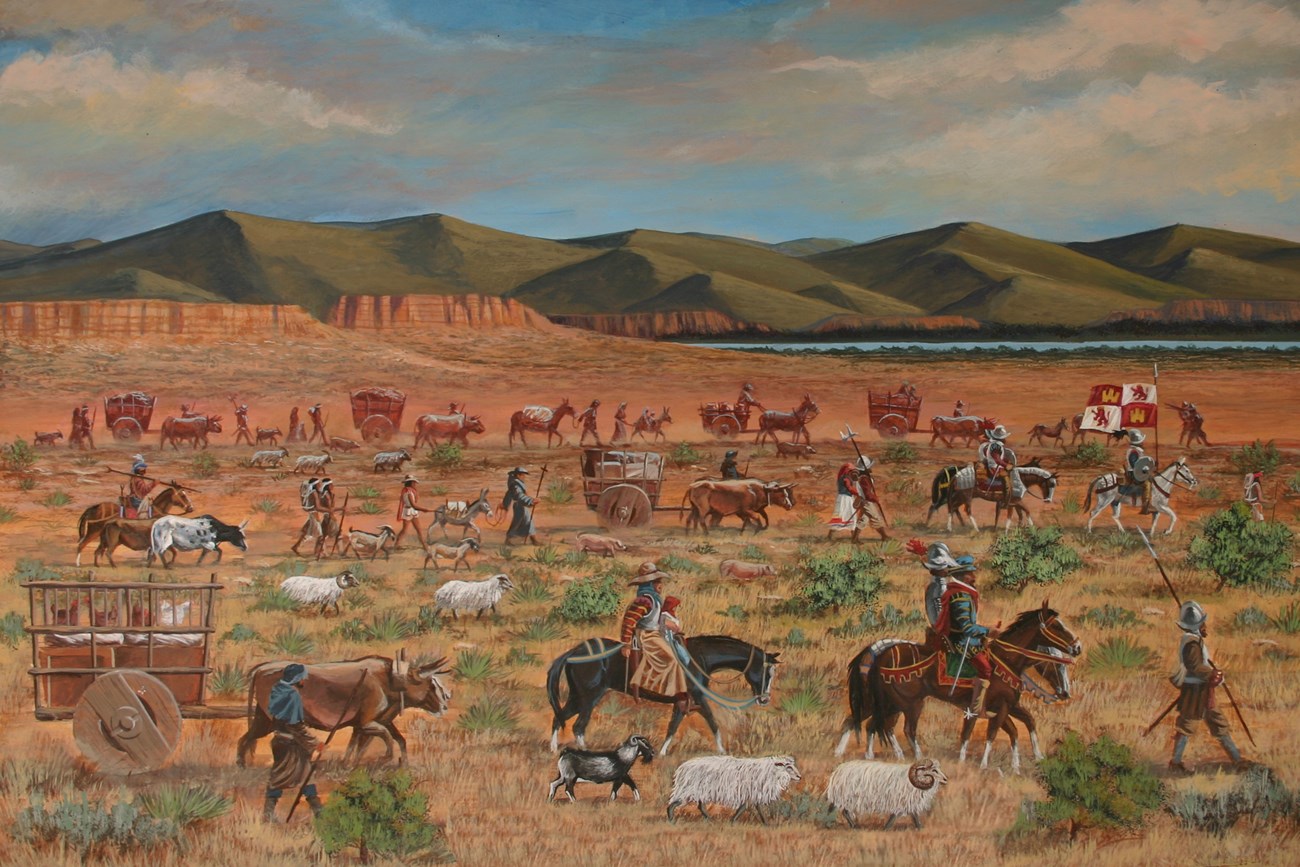 An illustration of a scene in a desert setting, animals, wagons, carts, and people in armor walk in one direction.