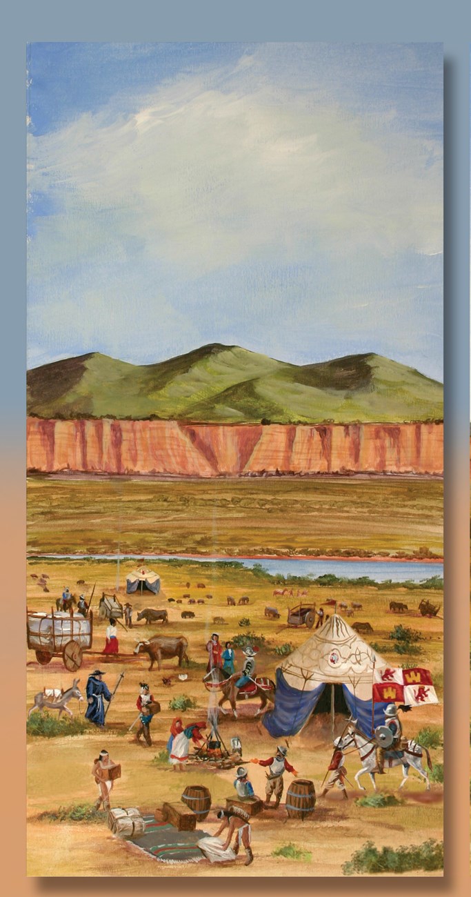 An illustration of a scene in a desert setting. Spanish explorers are gathered around canvas tents, livestock wandering, native people cooking and bringing in wagons to trade goods.