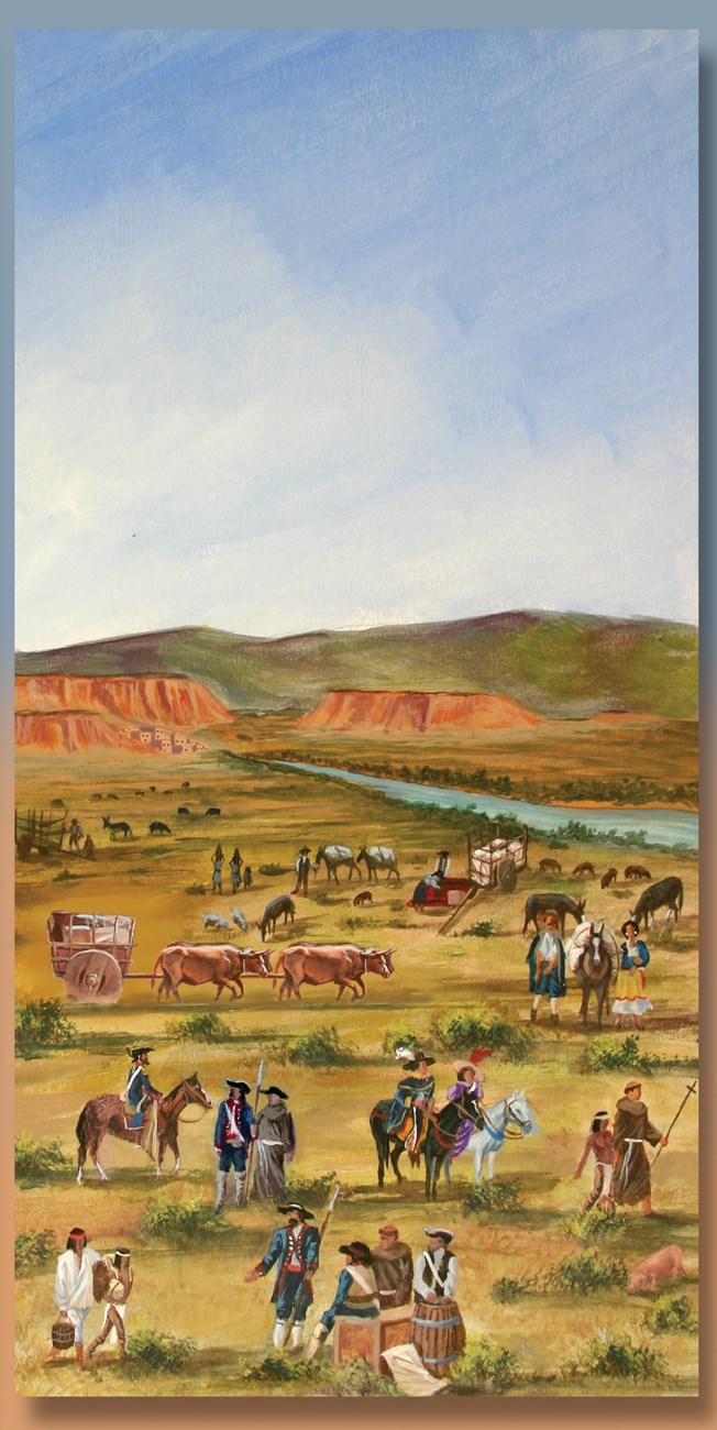 An illustration of a scene in a desert setting, domesticated animals, people and traders walk around.