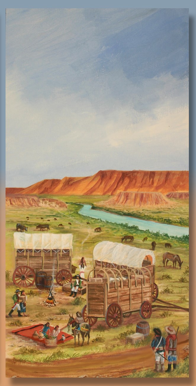 An illustration of a scene in a desert setting, with covered wagons and emigrants camping.