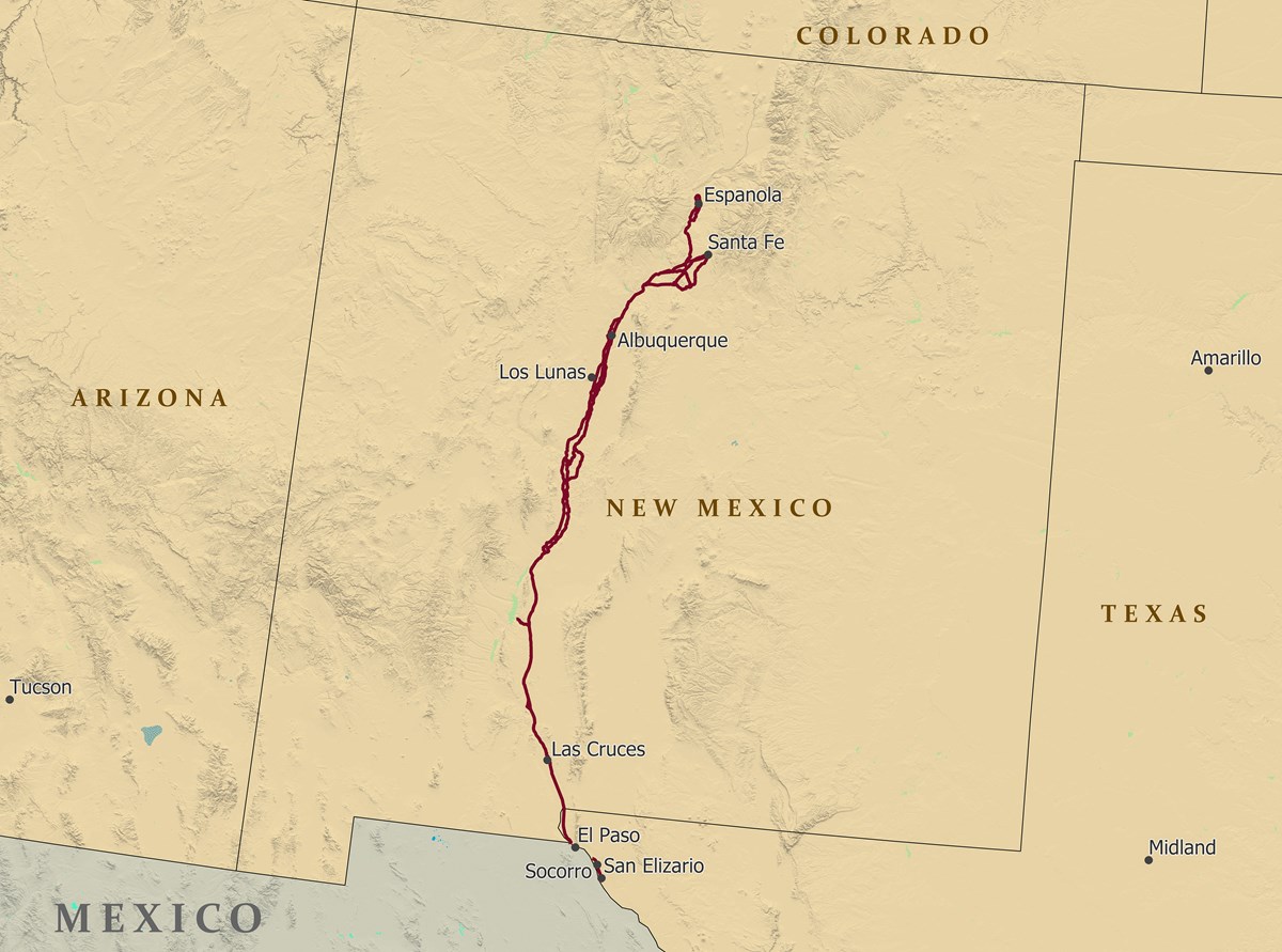 A map depicting a trail from Santa Fe south into Mexico | New Mexico National Parks
