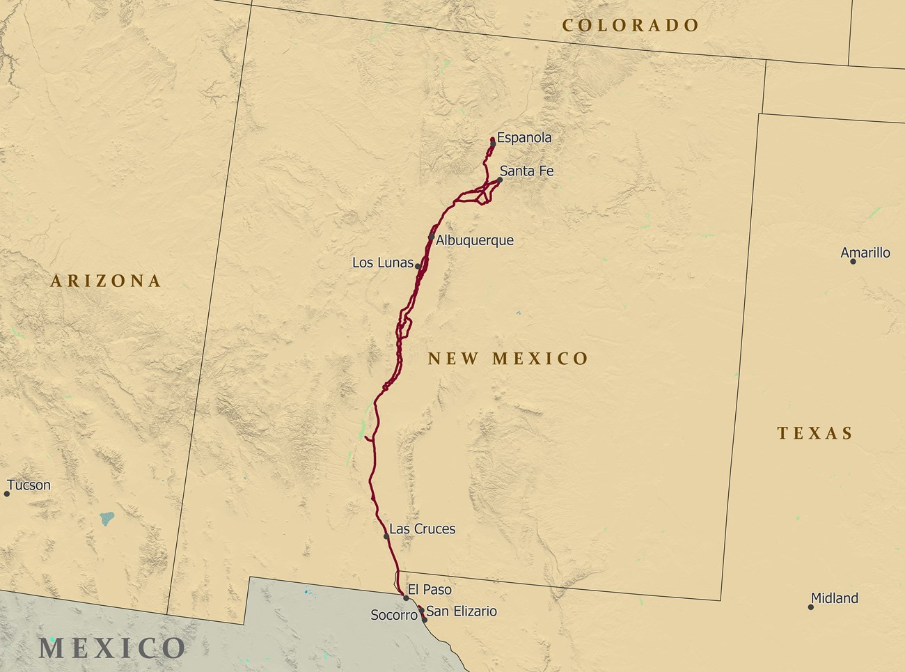 A map depicting a trail from Santa Fe south into Mexico.
