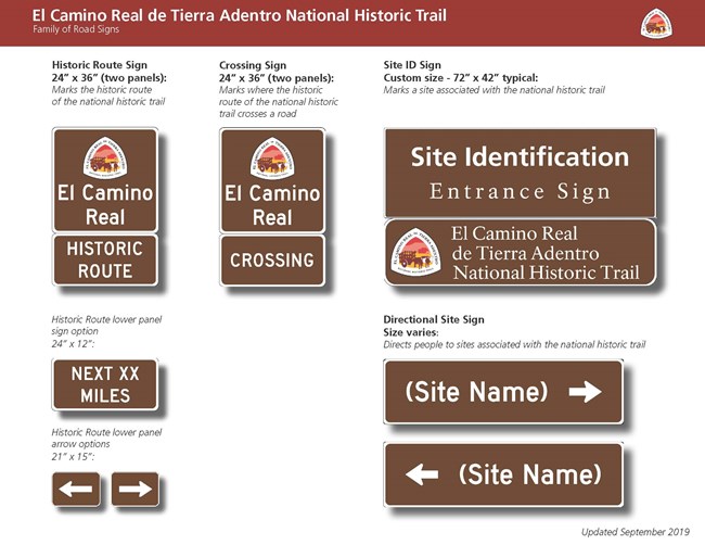 A group of signs that indicate the presence of the El Camino Real de Terra Adentro National Historic Trail.