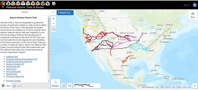 A map of the United States depicting trail from east to west.