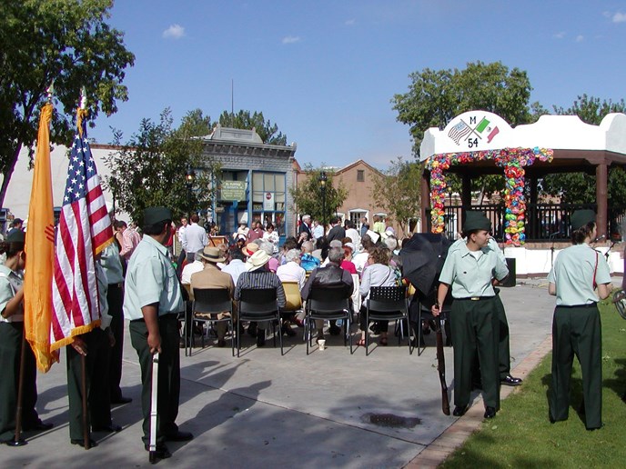 Mesilla Plaza, New Mexico, dedication with American flag and troops Mesilla Plaza, New Mexico, dedication with American flag and troops