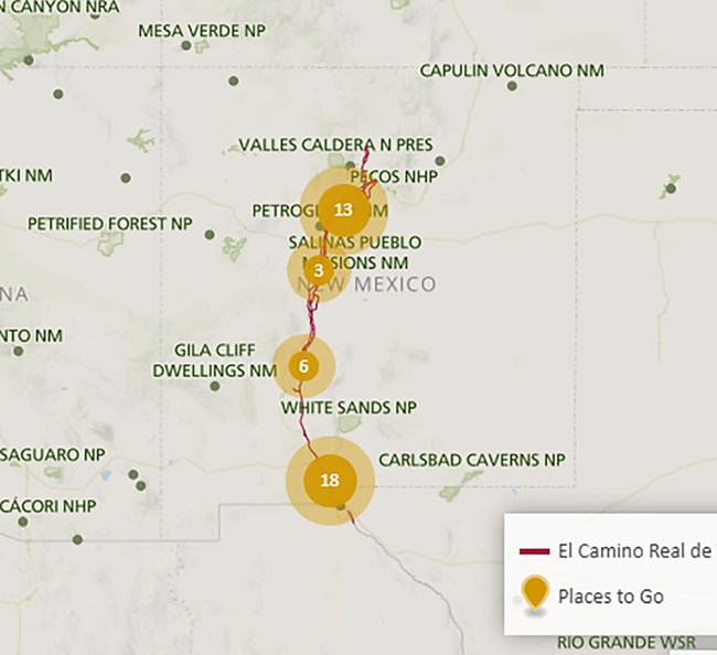 A map depicting a trail from Santa Fe south into Mexico.