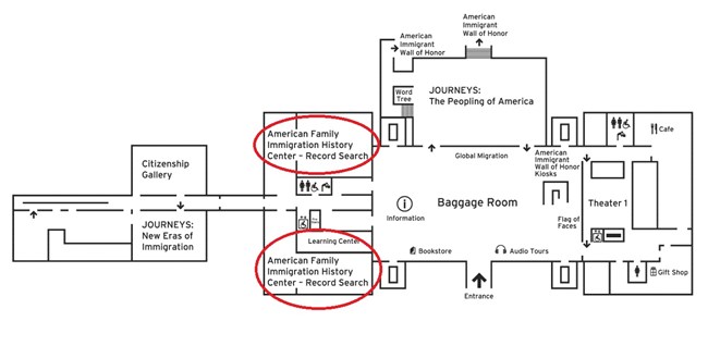 A map of the first-floor exhibits on Ellis Island. A red oval indicates exhibits that are closed.