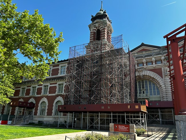 Scaffolding on a brick building